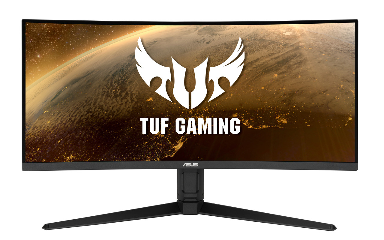 Front view of the ASUS TUF Gaming VG34VQL1B 34-inch ultrawide monitor turned on, displaying a sweeping, immersive panoramic landscape across its expansive curved screen.